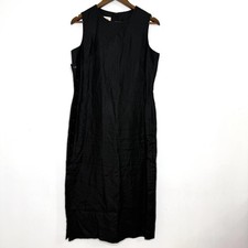 Talbots Dress Womens 12P Black Linen Sheath Sleeveless Asymmetrical Button Midi