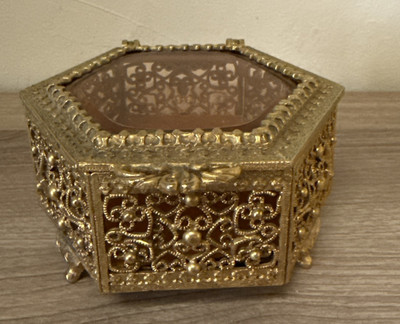 VTG Gold Filigree Ormolu Vanity Jewelry Box Footed Amber Beveled Glass Octagon