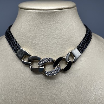 Express Choker Chunky Necklace Gunmetal Gray Braided Chain Rhinestones