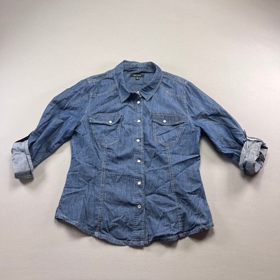 New Look Denim Western Shirt Womens XL Blue Cotton Roll Tab Sleeve Button Up