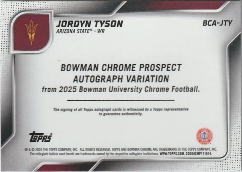 Jordyn Tyson 2025 Bowman University Chrome 1st Gold Refractor Auto #BCA-JTY #/50 - Image 2 of 2