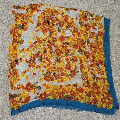 Carolina Herrera Floral Scarf Wrap Shawl Blue Orange Modal Cashmere 140cmx140cm