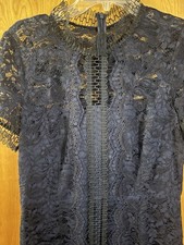 Eliza J Navy Lace And Embroidered Midi Dress Mock Neck And Sleeves SZ 12
