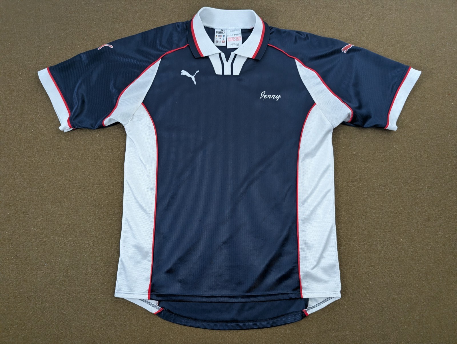 Vintage Puma Soccer Football Jersey Size L Navy Blue White "Jerry" Embroidery
