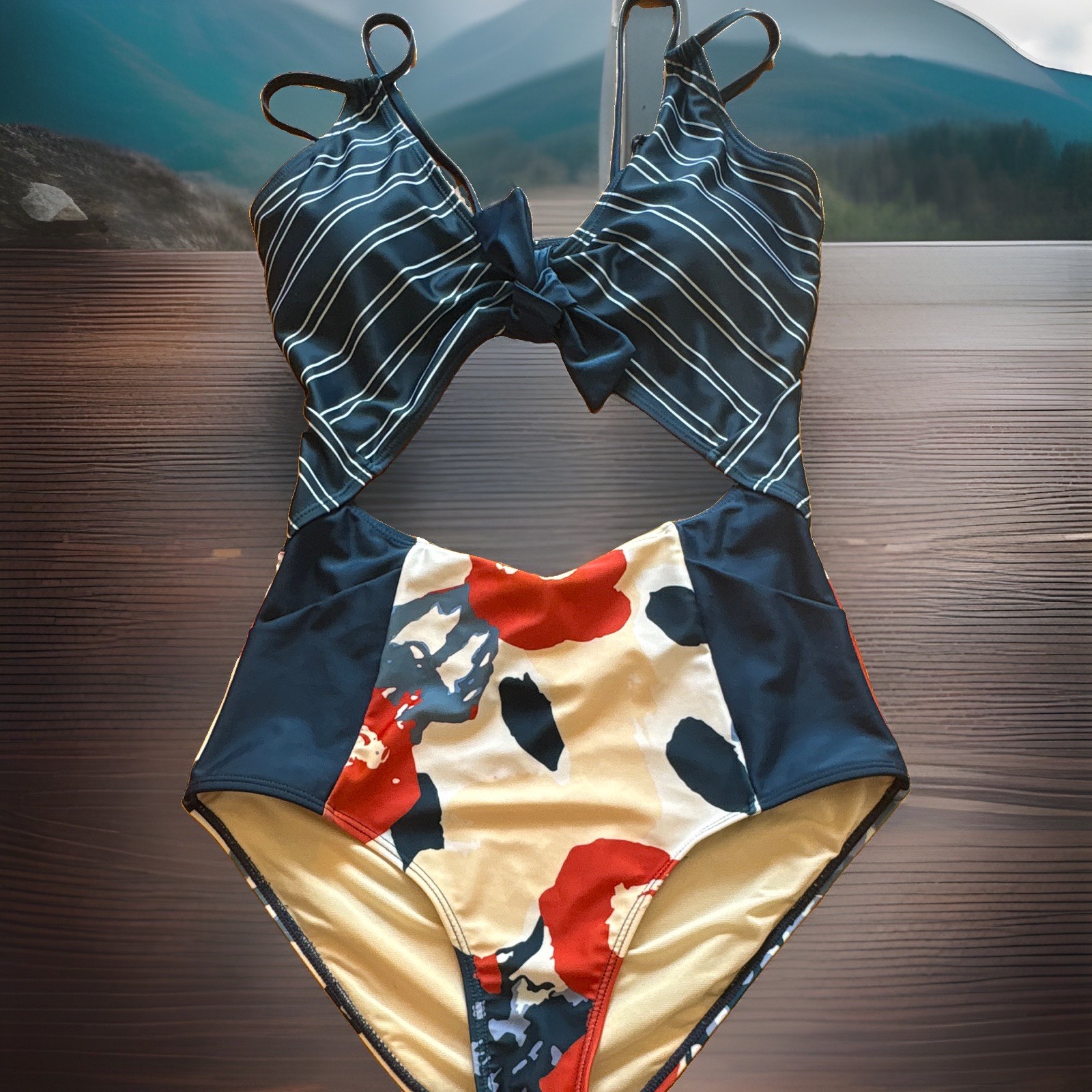 Nani Swimwear One Piece Swimsuit M Blue Stripe Floral Cut-Out Lined High-Waist