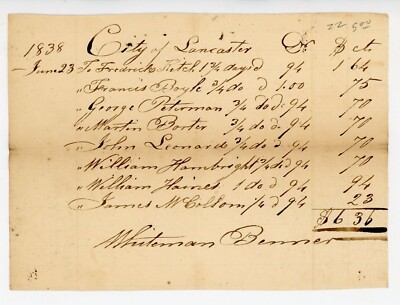 1838 Lancaster PA City Payroll Receipt Signed by Whitman Benner Fitch Boyle
