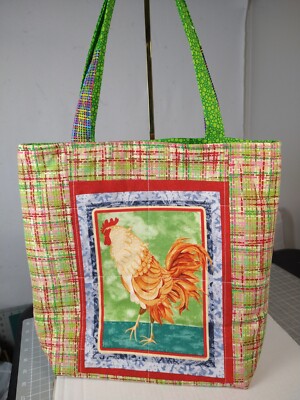  Rooster Quilted Cotton Lined Tote, Zipper & 3 pockets, Snap, 14 x 13 x4 