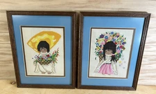 (2) VTG De Grazia Cross Stitch Framed And Matted Art Flower Boy & Girl  11"X14"