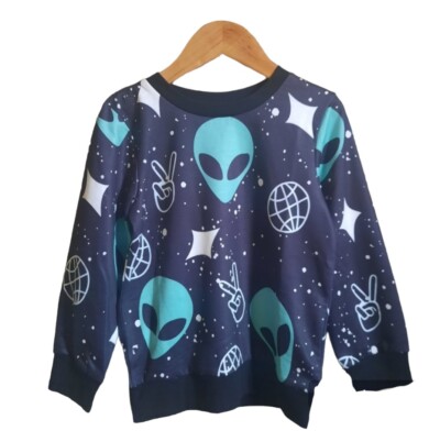 Kid's Sweater Galaxy Outerspace Alien Crewneck Black Youth Size 4-5