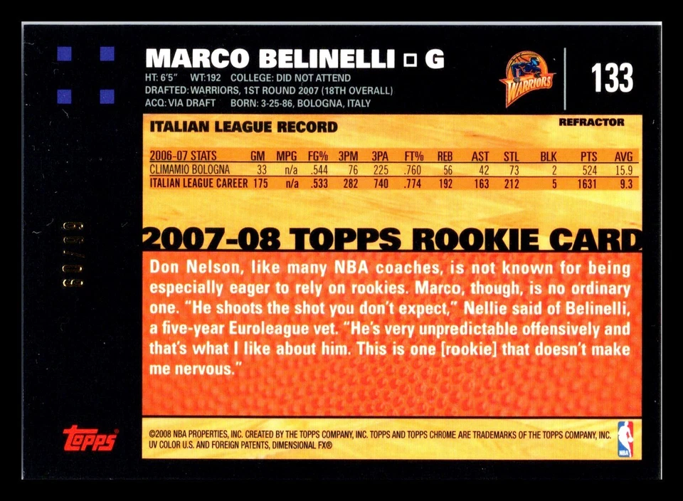 2007-08 Topps Chrome White Refractor /99 Marco Belinelli #133 Rookie RC - Image 2 of 2