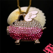 New Lovely Shiny Red Pink Wing Pig Crystal Fashion Charm Pendant Women Necklace