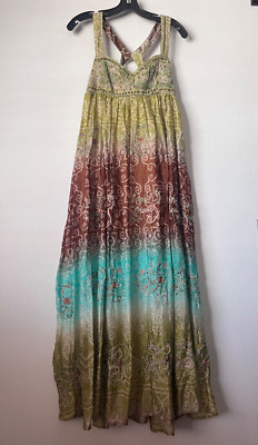 New Boho Viscose Satin Free People Beaded Embroidered Flowy Maxi Dress Sz S $298
