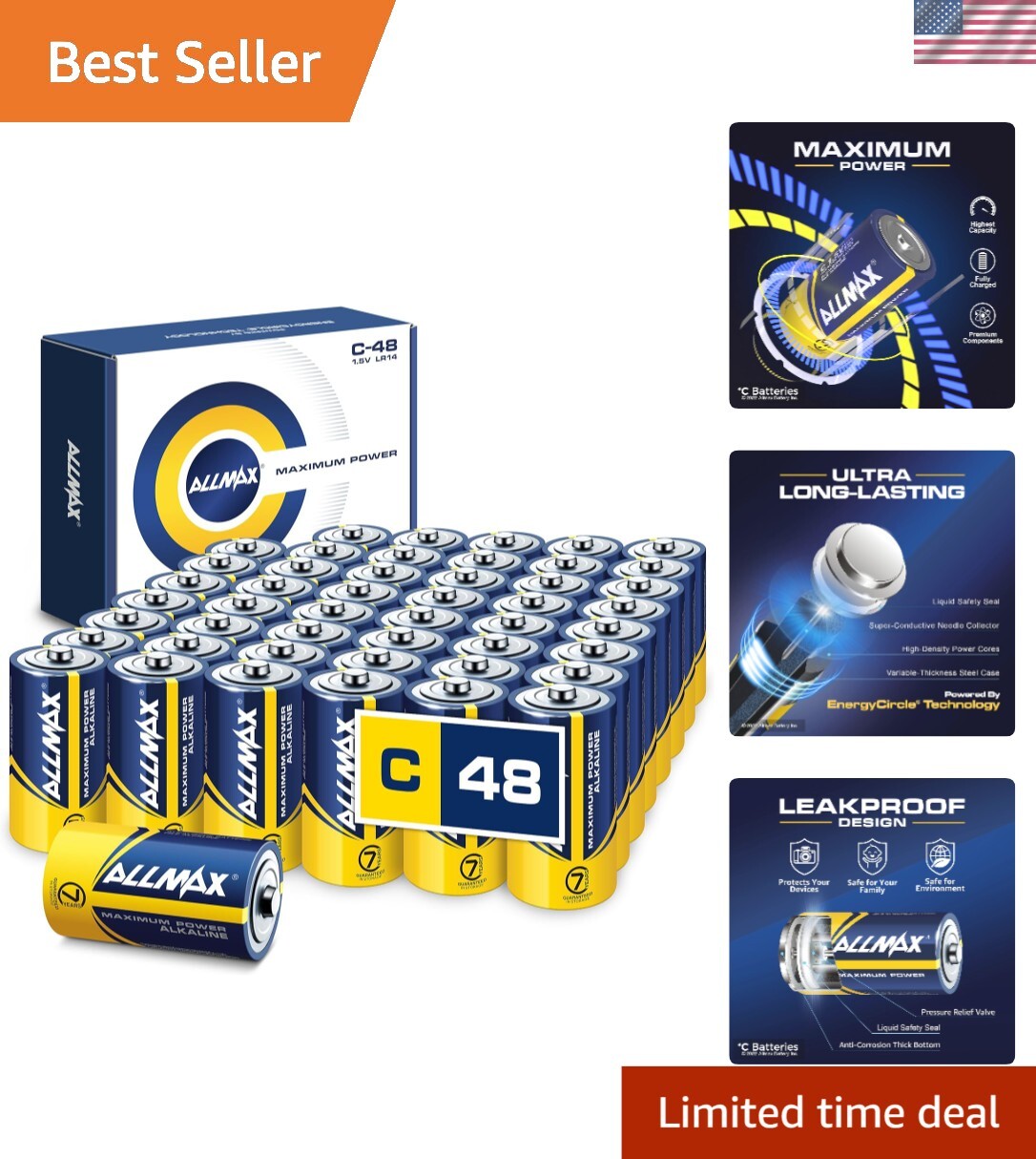 Allmax C Maximum Power Alkaline Batteries - 48 Count, Ultra Long-Lasting & Le...