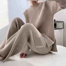 Womens Cashmere Knitted Sweater Wide-Legs Pants 2Pcs Knitwear Warm Tops Suit