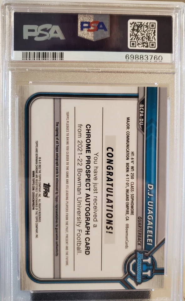 2021 Bowman U Chrome DJ UIAGALELEI 1º novato autografado PSA 10 cartões autógrafo SP LAC - Imagem 3 de 3