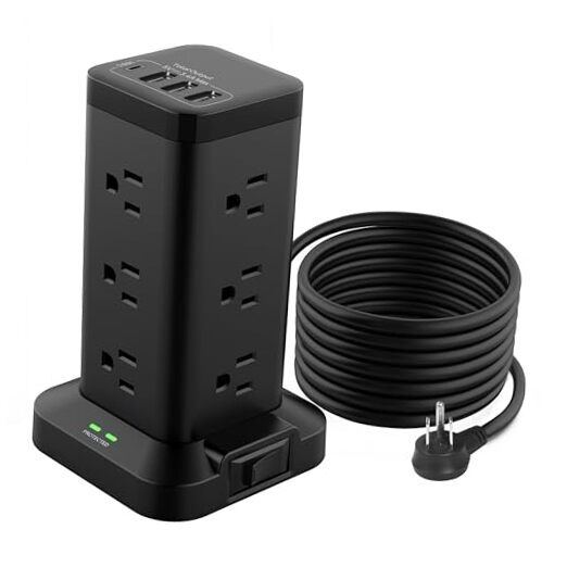 Power Strip Tower with USB Ports Surge Protector Power Tower, 12 6.5 FT Black