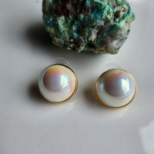 Seashell Mabe Japanese White Pearl 16mm Stud Bezel Earrings Gold-Plated Silver