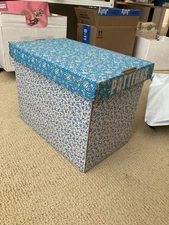 Vintage 1980s Sewing Pattern Storage Box with Lid, Blue Motif