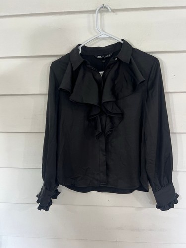 NEW ZARA WOMAN BLACK SATIN EFFECT SHIRT BUTTON LONG SLEEVE FRILLS SIZE M Y583D - Picture 11 of 13