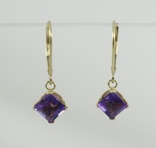 14K yellow gold ladies 7mm square purple amethyst 1" drop/dangle earrings 1.5g