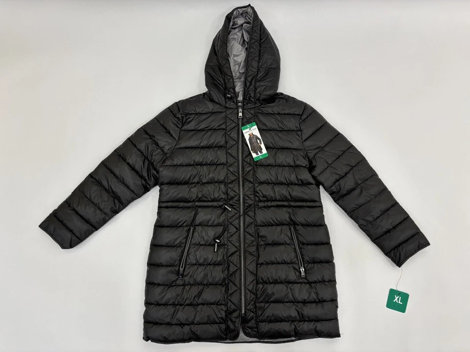 Kenneth Cole Womens Puffer Jacket Black Hooded Zip Front Cinch Waist Long XL NWT - Image 3 of 4