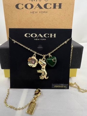 NEW COACH 3D Dinosaur Charm Necklace Rose Gold Logo Pearl Adjustable 16  + 2 