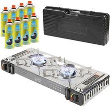 8x Butane Gas + Portable Double Stove Camping Outdoor Cooker Burner BBQ Cooking