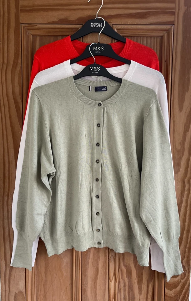 Ex M&S Collection New Crew Neck Button Cardigan Top Pink Blue White Size 6 - 18 - Image 3 of 4