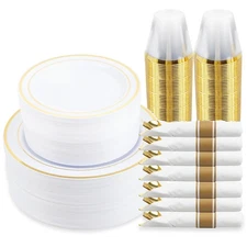 350 Piece Gold Dinnerware Set,100 Plastic Plates, 50 Cups,50 Pre Rolled Napki...
