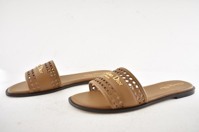 Dior D-Lane Dway Micro Cannage Chestnut Brown Leather Logo Slide