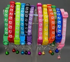 Collar Dog Cat Puppy Kitten Paw Print Nylon & Bell Adjustable 8 to 14 inch