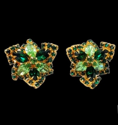 RARE Vintage Patent Pending MAGICLIP Gold Metal Green Rhinestone 1 3/8'' Earrings