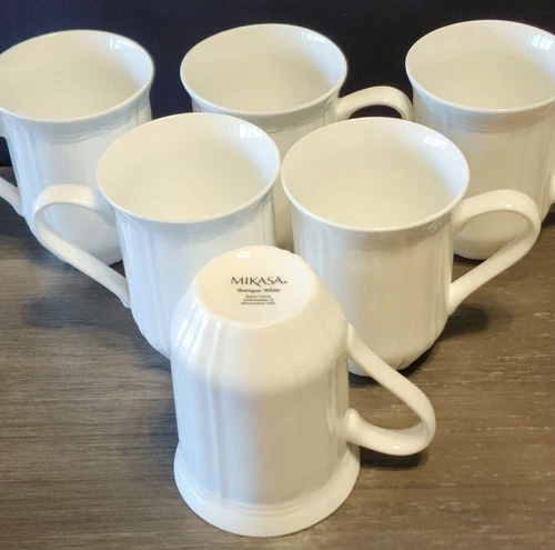 (6) - Mikasa ANTIQUE WHITE Tall Mugs Cappuccino BONE CHINA 10oz Coffee Cups EUC 