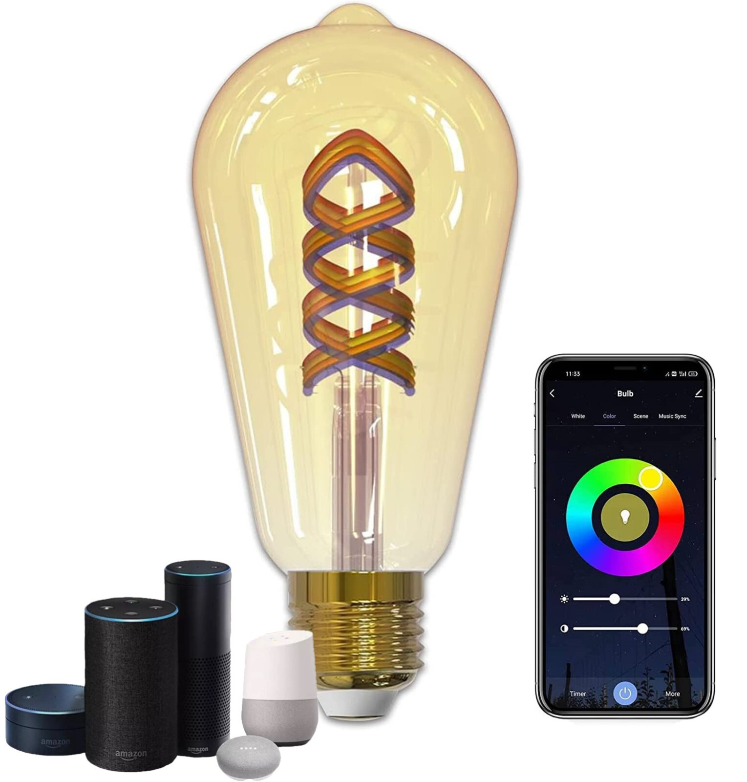 Lampadina Vintage ST64 LED RGB WiFi E27 Smart - Stile Retro per Alexa