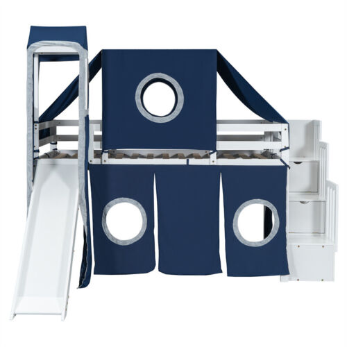 Twin Size Wood Loft Bed with Slide,Tent, Tower & Storage Staircase for Kids Blue - Picture 8 of 18