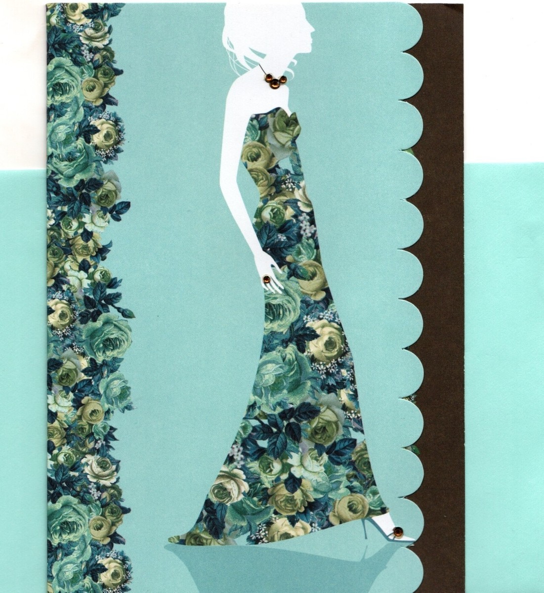 Lady Woman Silhouette Floral Evening Dress Gown Blank Inside Greeting Card