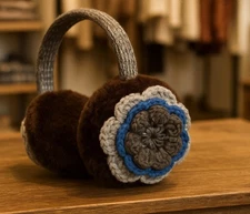 NWT Jessica Simpson Crochet Flower Earmuffs Brown/Grey/Blue Faux Fur Adjustable