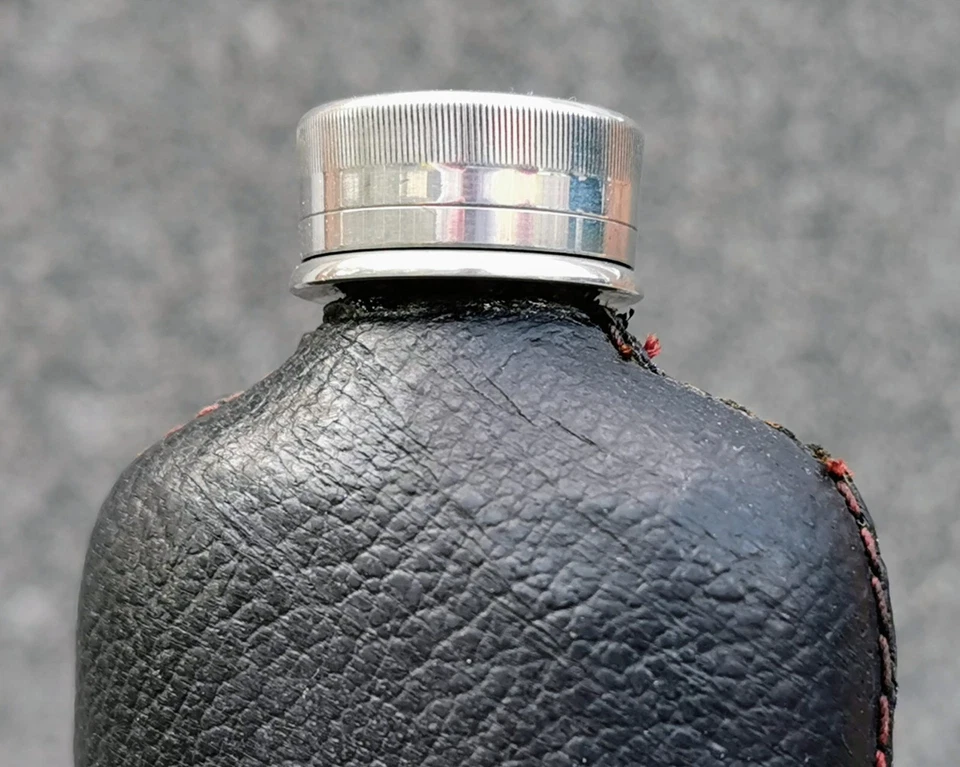 Antique Miniature Hip Flask 50ml Blown Glass Leather Screw Cap Removable Cup - Image 3 of 4