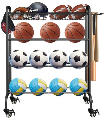 Basketball Racks Holder for Balls with Wheels, Rolling Metal Sports Equipment...