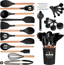 Kitchen Utensils Set - 34 PCS Non-Stick Silicone Cooking Utensils Set with Woode