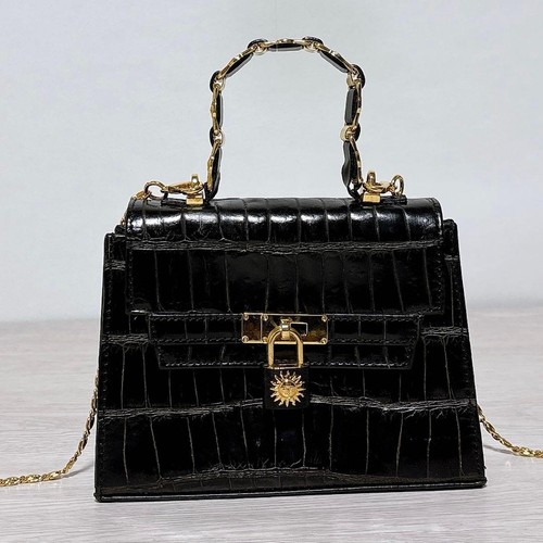 GIANNI VERSACE Mini Shoulder Bag Croc Embossed Leather Medusa Lock Handle Black