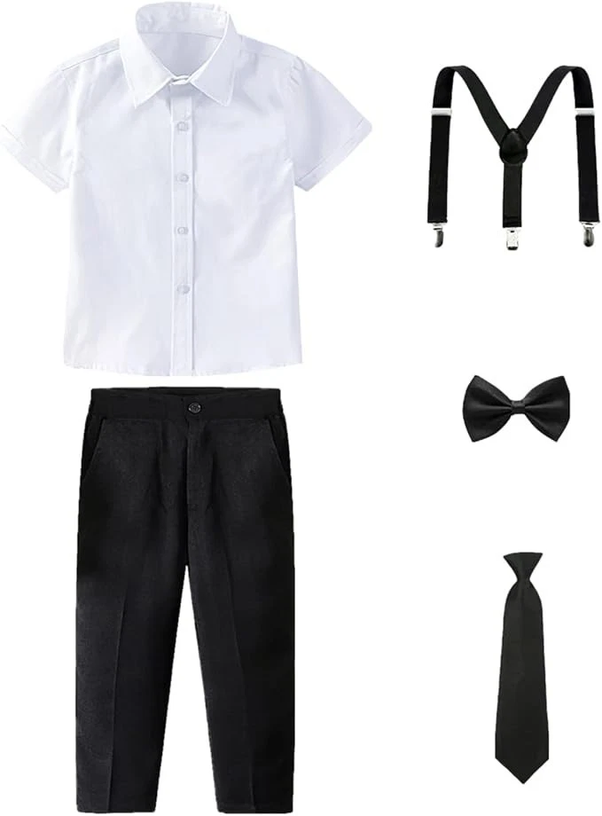 Completo elegante ragazzo papillon bretelle camicia bianca pantalone nero 9-10 a - Immagine 2 di 4