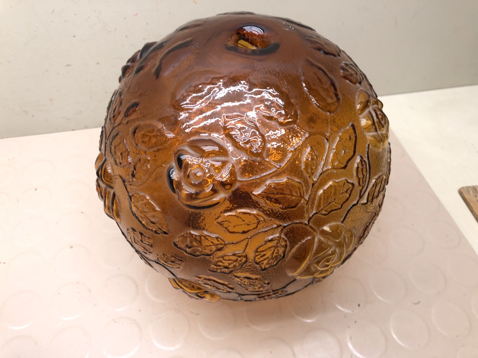 Vintage Glass Light Lamp Round Globe Shade Amber MCM Floral Textured