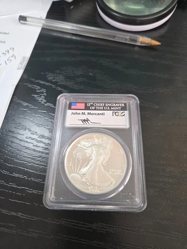1990 S AMERICAN SILVER EAGLE MERCANTI SIGNED $1 PROOF 1 oz COIN PCGS PF 70 DCAM