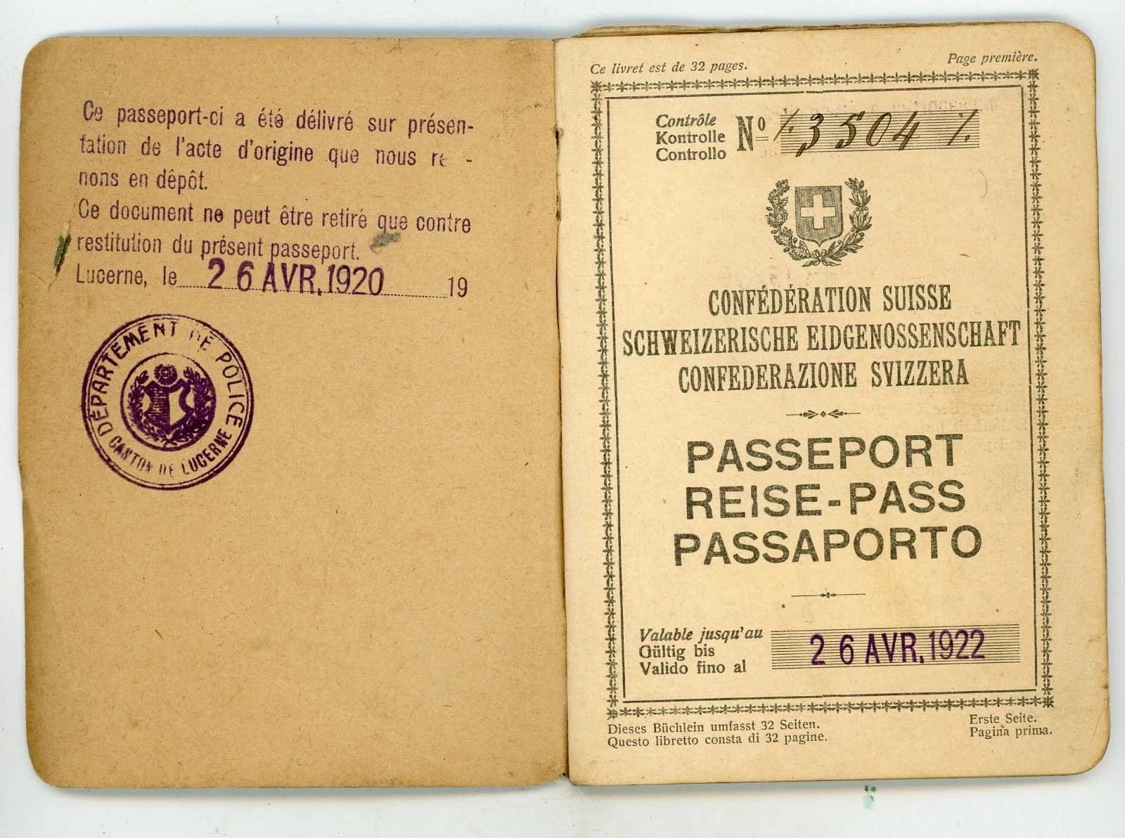 Vintage 1920 Passport Many European Visas Stamps Switzerland Otto Storkli - Bild 1 von 1