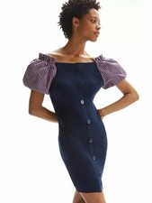 Anthropologie Maeve XS Navy Blue Ribbed Puff Sleeve Fitted Dress