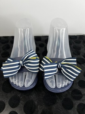OKA-Bee Navy Blue Bow Slide Sandals Womens Small Made In USA Comfort Sandals