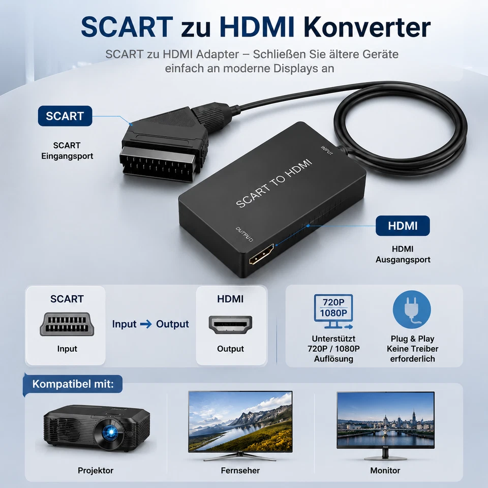 SCART auf HDMI Adapter Konverter Kabel 1080p für HD-TV - Bild 3 von 4