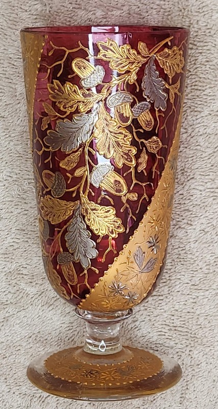 Moser Victorian Red Glass with hand enameled ornate gold/silver. circa 1890's