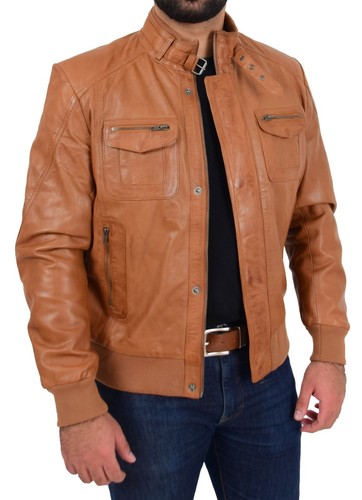 Mens Bomber Leather Jacket Soft Nappa Choice of Colours Black Brown Cognac - Rob - Picture 35 of 36